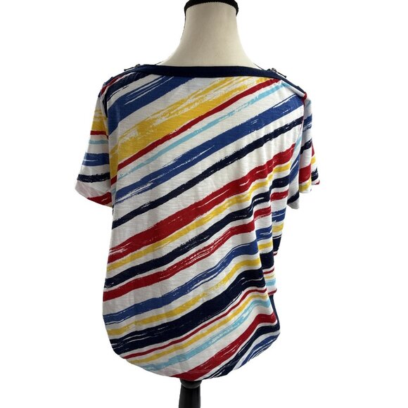 Alfred Dunner Top Womens M Multicolor Stripe Short Sleeve Casual Blouse - Picture 5 of 7